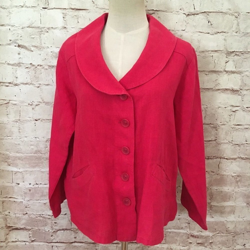 FLAX Womens Pink 100% Linen Collared Button Front Swing Jacket Lagenlook Size P